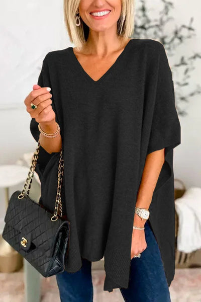 Ruby - schlichter Poncho-Pullover mit V-Ausschnitt, elegante, lockere Passform