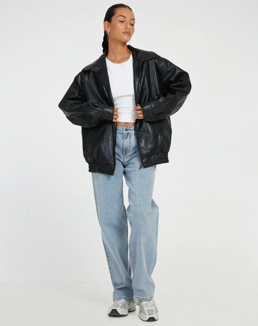 Aria - übergroß Leder Jacke mit Reißverschluss für a coolen und trendigen Blick