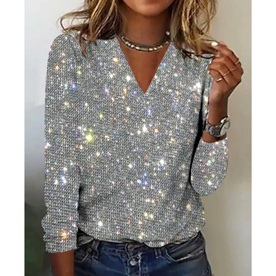 Salbina | Damen Metallische Disco Flitter Druck Oberteil | V-Ausschnitt