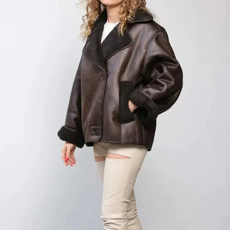 Olivia - Vintage Leder Pelzmantel für Frauen