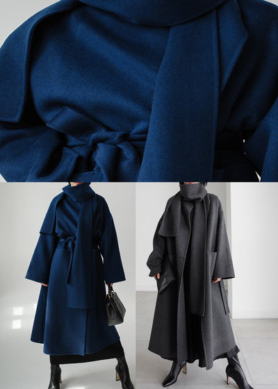 Merline - Blauer Wollmantel mit Taillenband und langen Ärmeln
