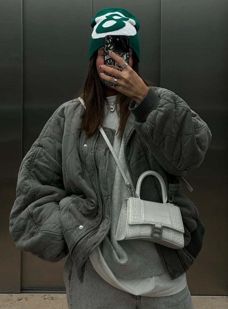 Bomberjacke – graue Oversize-Winter-Bomberjacke mit Reißverschluss für Damen