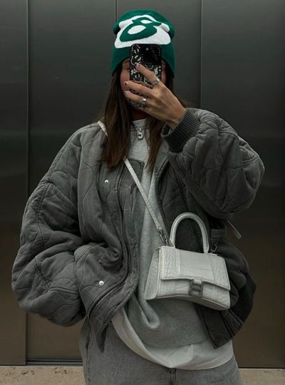 Bomberjacke – graue Oversize-Winter-Bomberjacke mit Reißverschluss für Damen