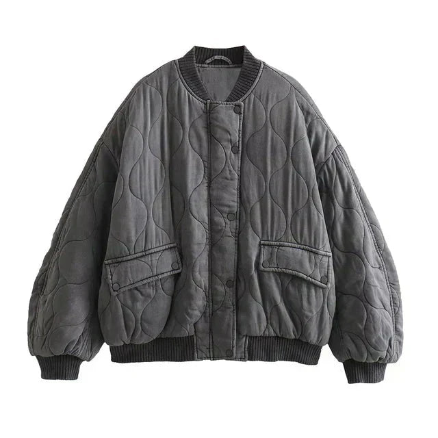 Bomberjacke – graue Oversize-Winter-Bomberjacke mit Reißverschluss für Damen