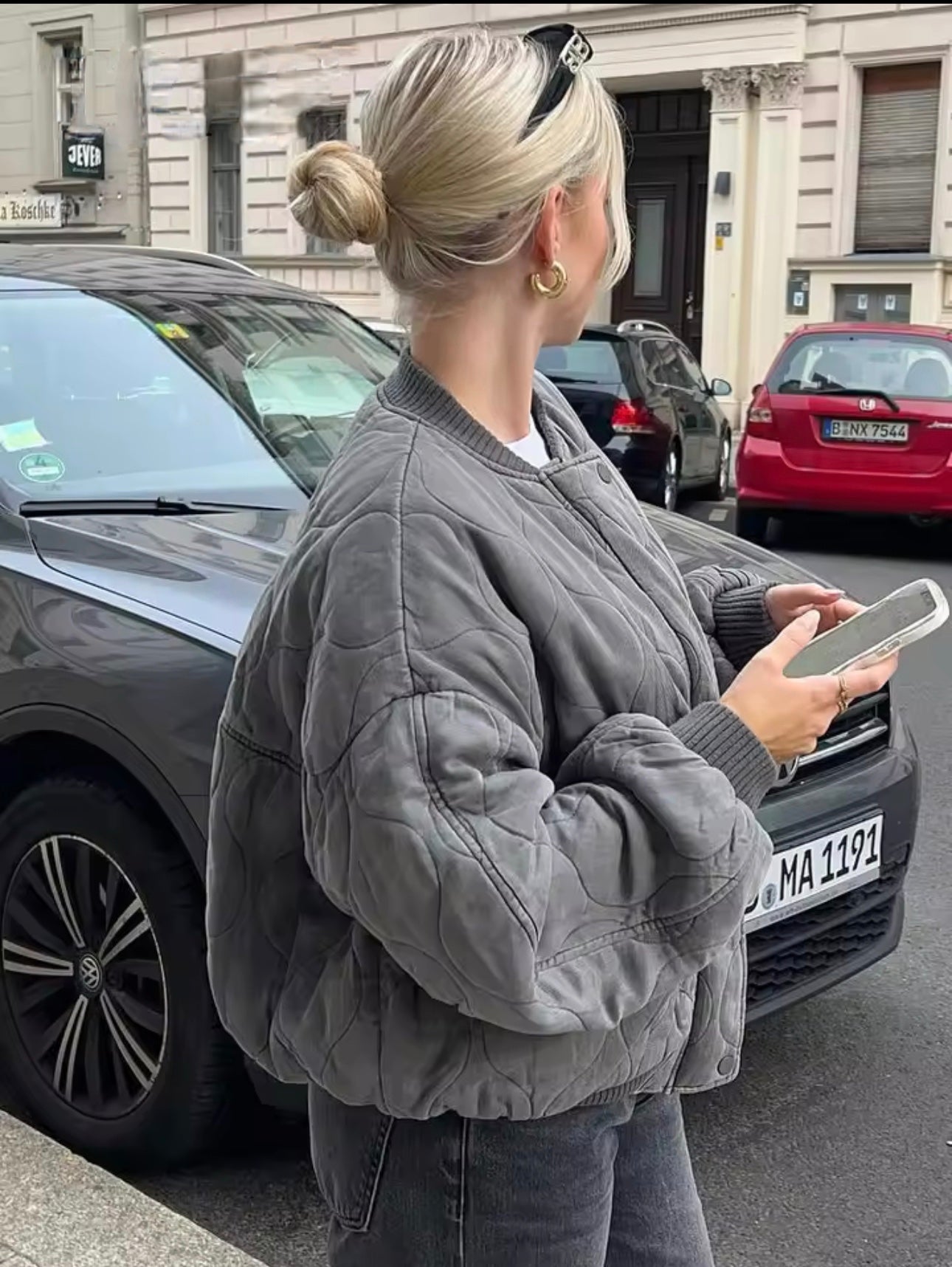 Bomberjacke – graue Oversize-Winter-Bomberjacke mit Reißverschluss für Damen