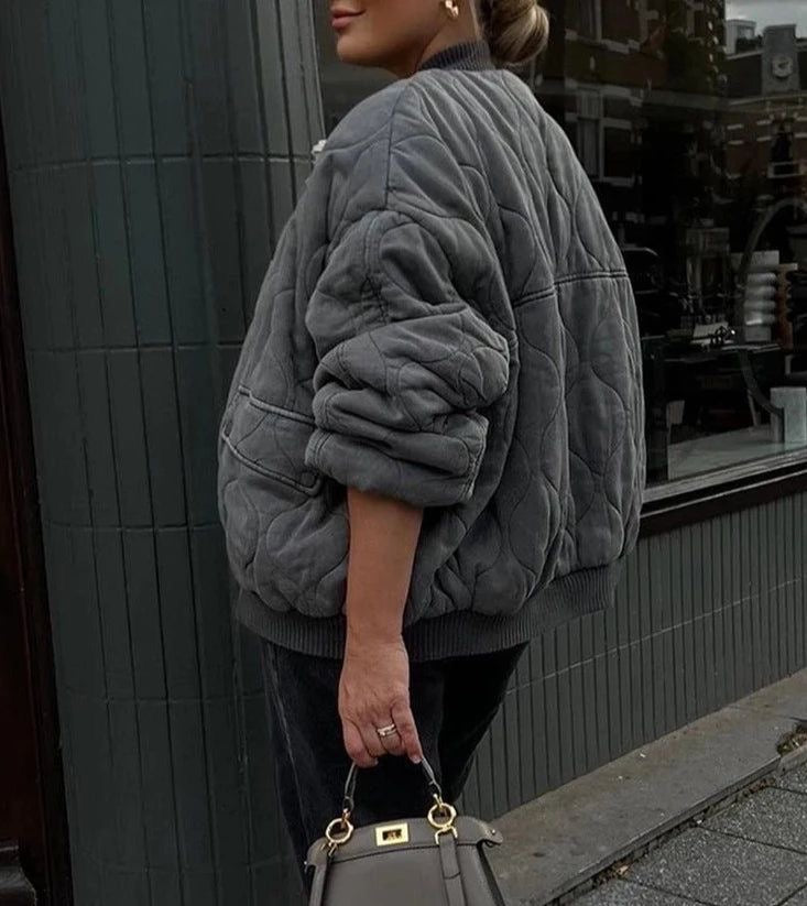 Bomberjacke – graue Oversize-Winter-Bomberjacke mit Reißverschluss für Damen