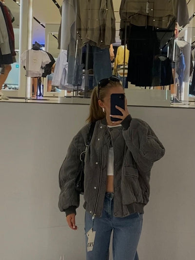 Bomberjacke – graue Oversize-Winter-Bomberjacke mit Reißverschluss für Damen