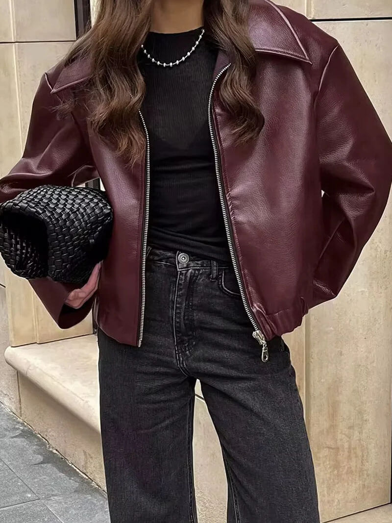 Burgunderfarbene Lederjacke | Oversize | Reißverschluss | Leder-Bomberjacke | Kunstlederjacke | Damen