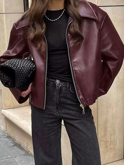 Burgunderfarbene Lederjacke | Oversize | Reißverschluss | Leder-Bomberjacke | Kunstlederjacke | Damen