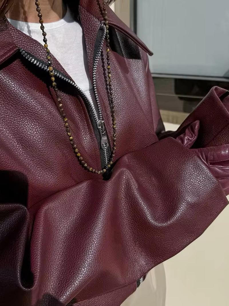 Burgunderfarbene Lederjacke | Oversize | Reißverschluss | Leder-Bomberjacke | Kunstlederjacke | Damen