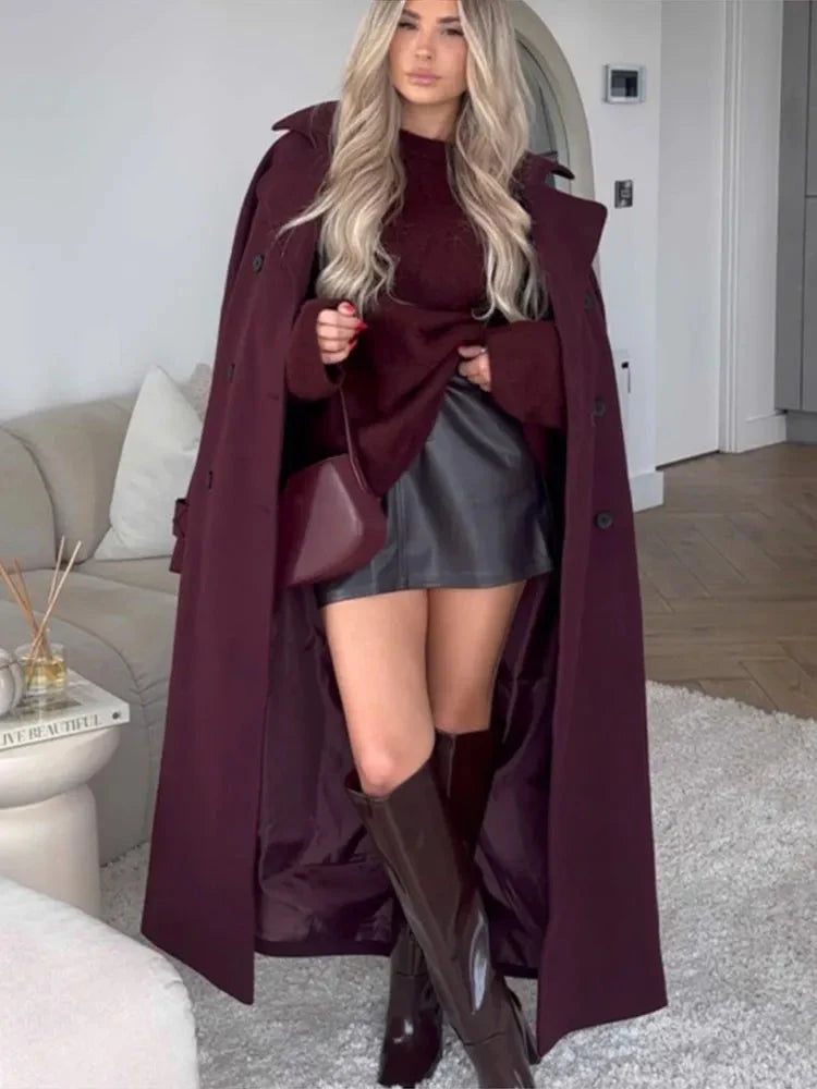 Burgunderfarbener Mantel – Zweireiher – Winter – Woll-Trenchcoat – langer Damenmantel