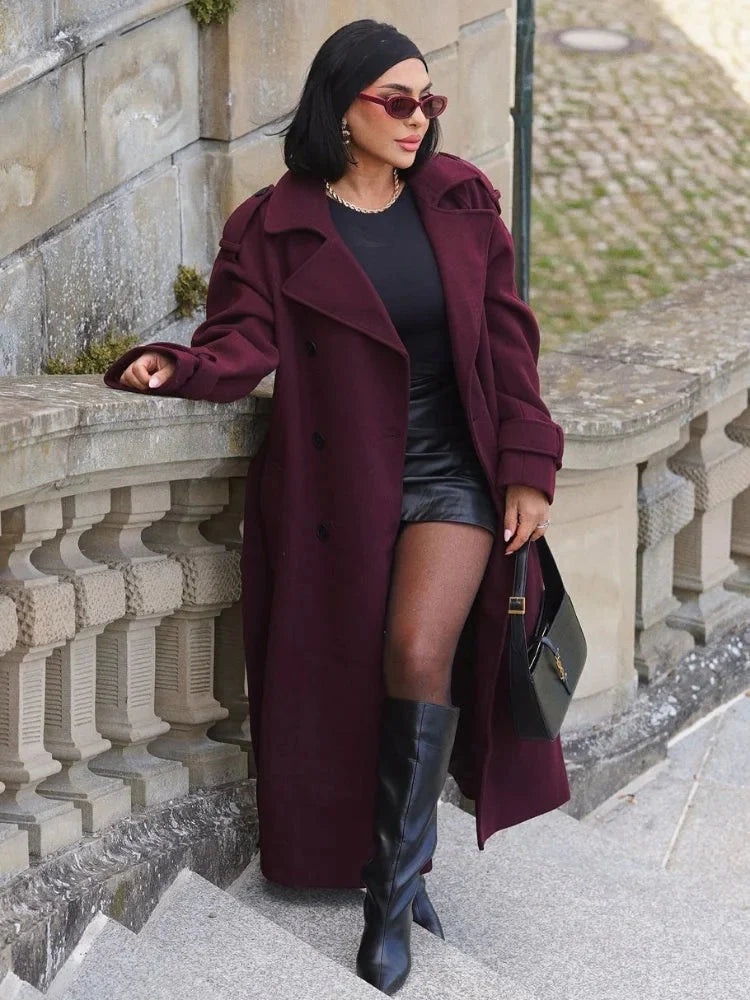 Burgunderfarbener Mantel – Zweireiher – Winter – Woll-Trenchcoat – langer Damenmantel