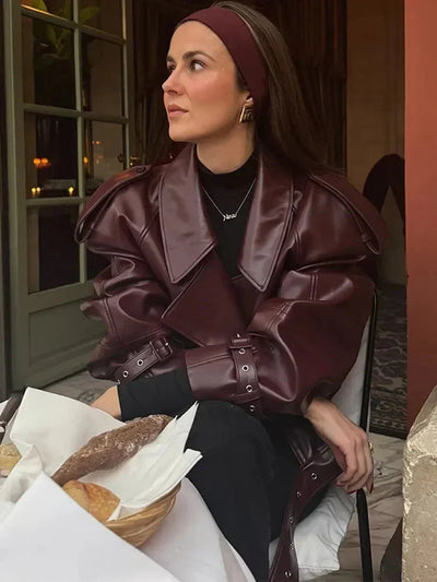 Burgunderrote Lederjacke – Damen-Kunstleder-Bikerjacke mit Gürtel