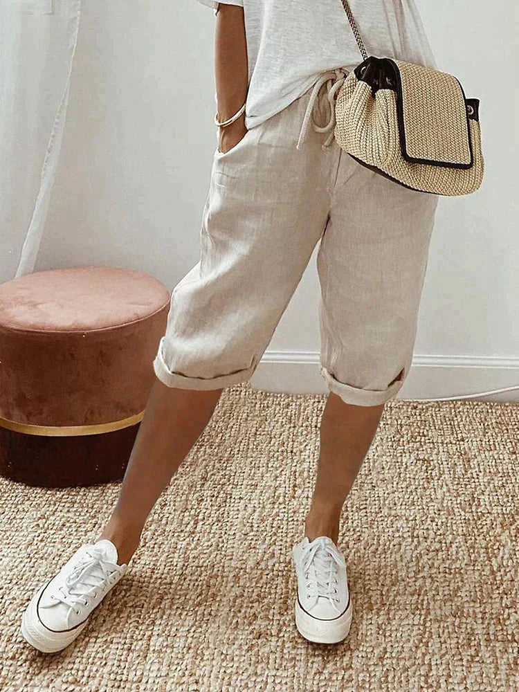 Capri-Hose | Kordelzug | Loose Fit | Leinenshorts | Damenhosen