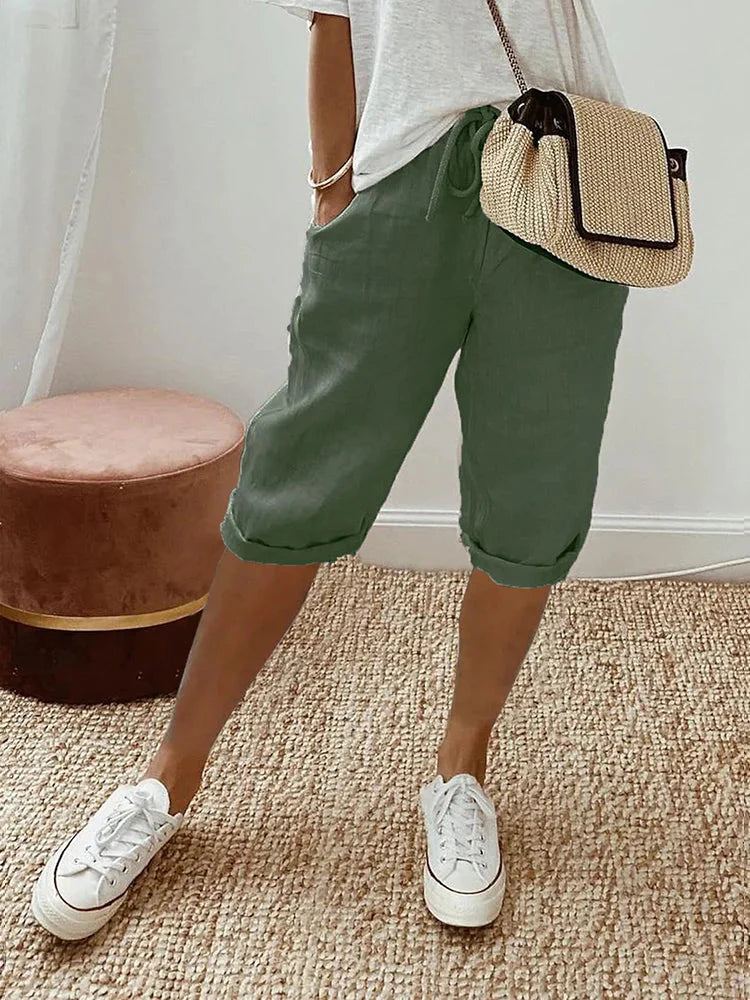 Capri-Hose | Kordelzug | Loose Fit | Leinenshorts | Damenhosen