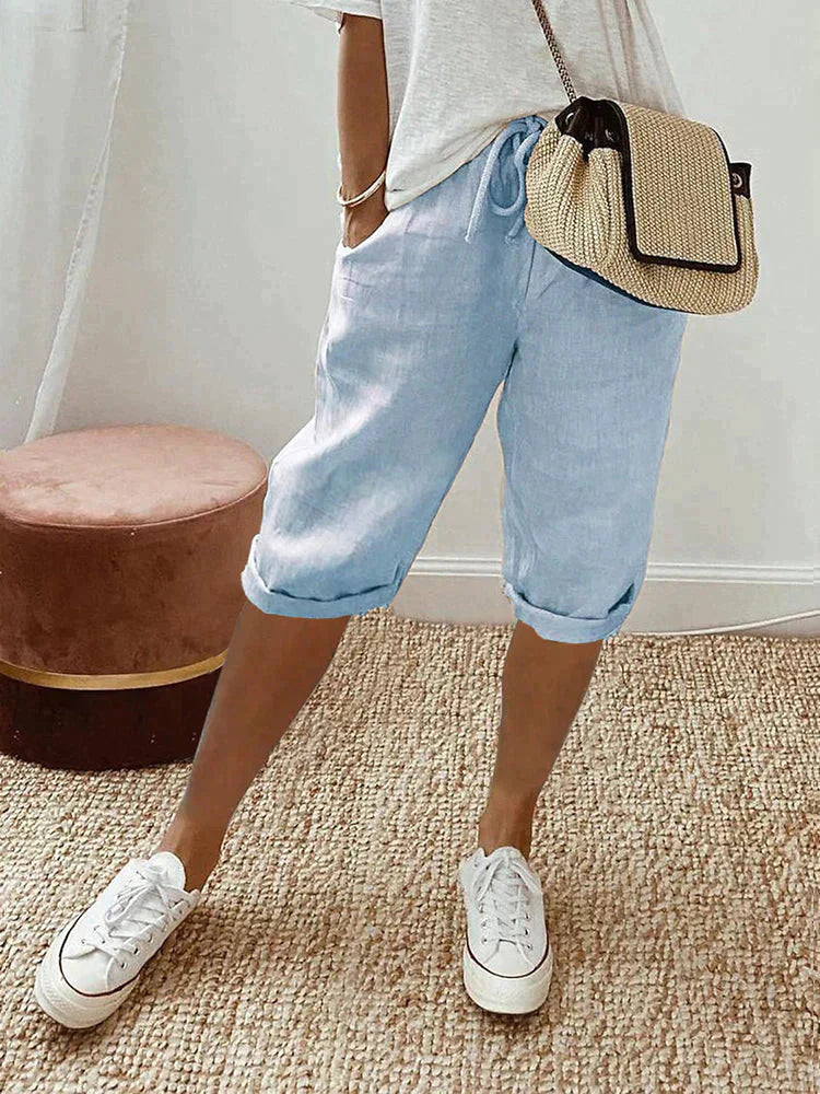 Capri-Hose | Kordelzug | Loose Fit | Leinenshorts | Damenhosen