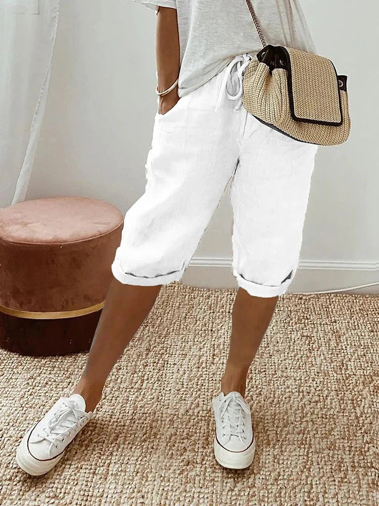 Capri-Hose | Kordelzug | Loose Fit | Leinenshorts | Damenhosen