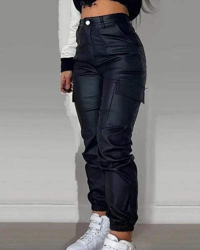 Cargohose - Hochtaillierte Leder-Jogginghose für Frauen