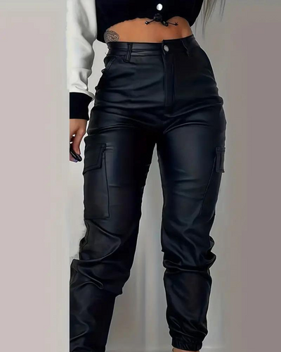 Cargohose - Hochtaillierte Leder-Jogginghose für Frauen