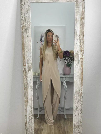 Co-Ord Set – Asymmetrisches Kleid und ausgestellte Hose für Damen Zweiteiler