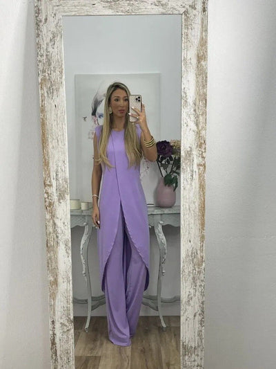 Co-Ord Set – Asymmetrisches Kleid und ausgestellte Hose für Damen Zweiteiler