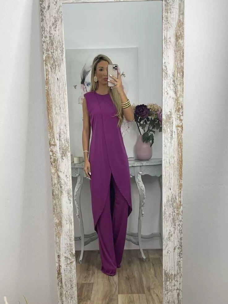 Co-Ord Set – Asymmetrisches Kleid und ausgestellte Hose für Damen Zweiteiler