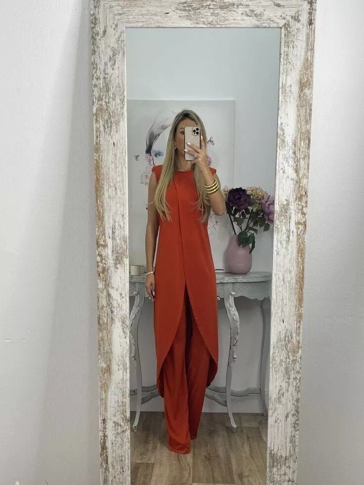 Co-Ord Set – Asymmetrisches Kleid und ausgestellte Hose für Damen Zweiteiler