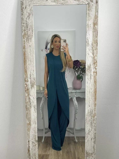 Co-Ord Set – Asymmetrisches Kleid und ausgestellte Hose für Damen Zweiteiler