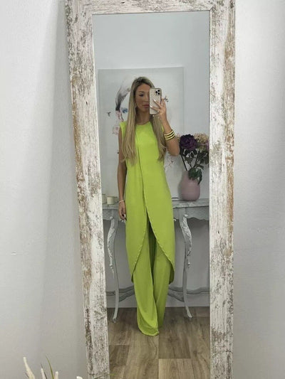 Co-Ord Set – Asymmetrisches Kleid und ausgestellte Hose für Damen Zweiteiler