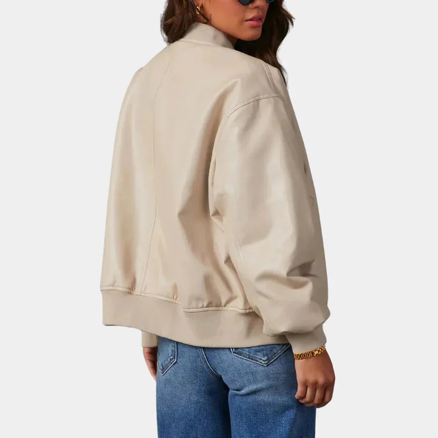 Damen-Lederjacke – Oversize – mit Reißverschluss – Bomberjacke – Bikerjacke
