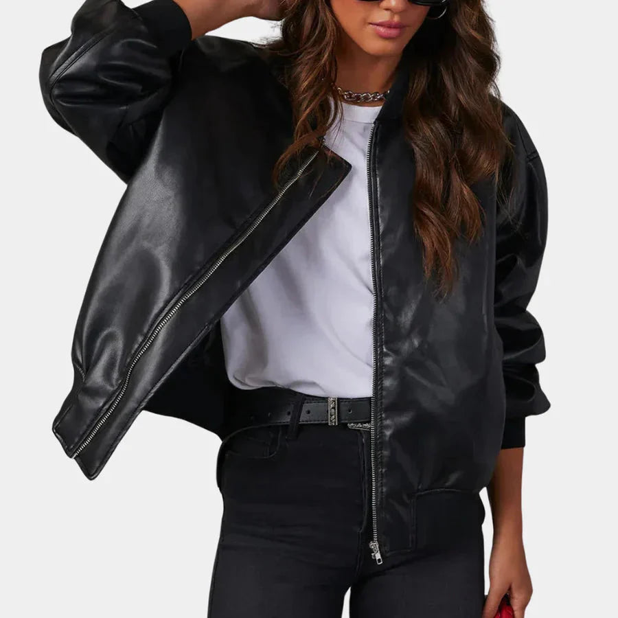 Damen-Lederjacke – Oversize – mit Reißverschluss – Bomberjacke – Bikerjacke