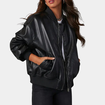 Damen-Lederjacke – Oversize – mit Reißverschluss – Bomberjacke – Bikerjacke