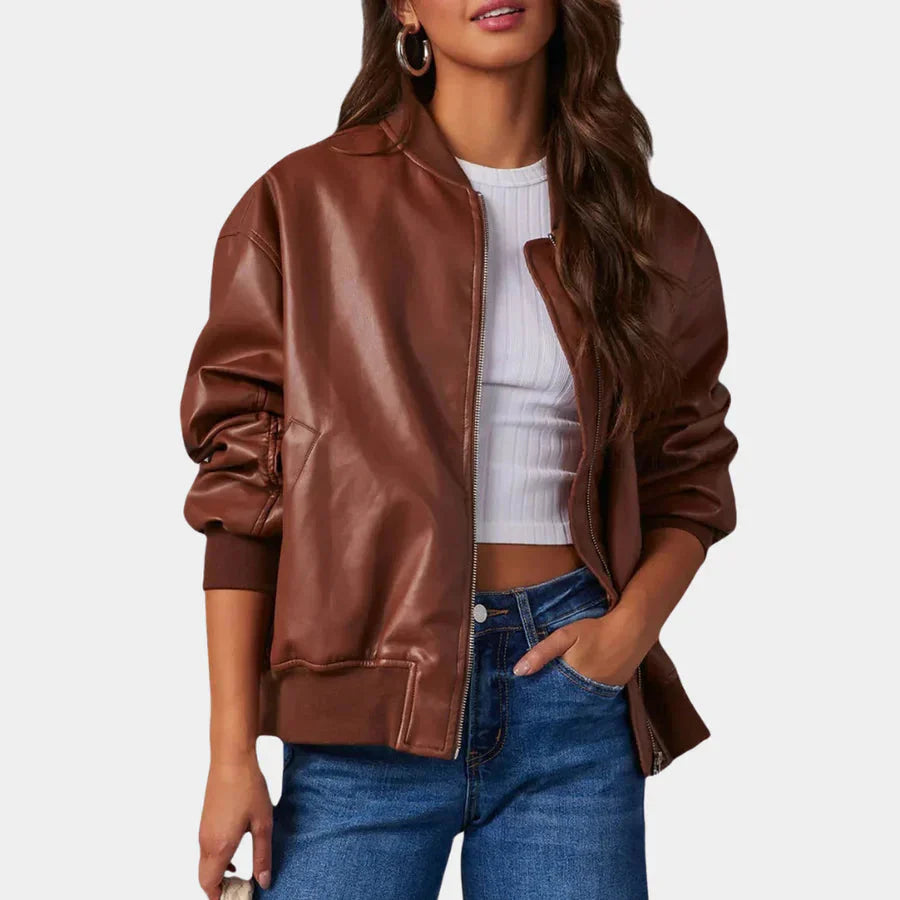 Damen-Lederjacke – Oversize – mit Reißverschluss – Bomberjacke – Bikerjacke