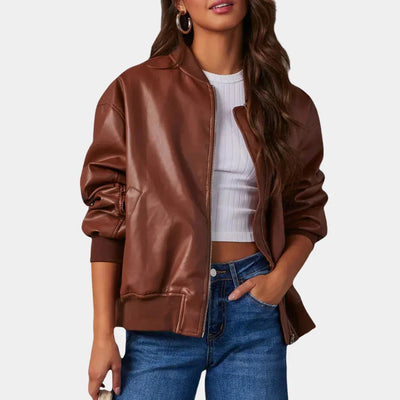 Damen-Lederjacke – Oversize – mit Reißverschluss – Bomberjacke – Bikerjacke