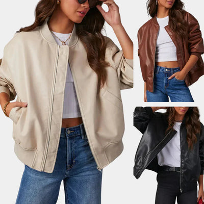 Damen-Lederjacke – Oversize – mit Reißverschluss – Bomberjacke – Bikerjacke