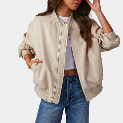 Damen-Lederjacke – Oversize – mit Reißverschluss – Bomberjacke – Bikerjacke