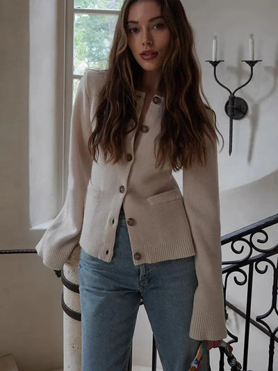 Damen-Strickjacke – Langärmlige Strickjacke mit Knöpfen und Taschen