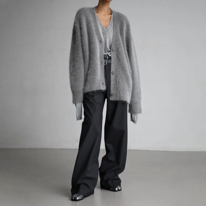 Damen-Strickjacke – flauschig – mit Knöpfen – Strickjacke – Oversize-Strickjacke