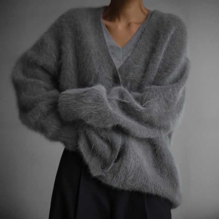 Damen-Strickjacke – flauschig – mit Knöpfen – Strickjacke – Oversize-Strickjacke