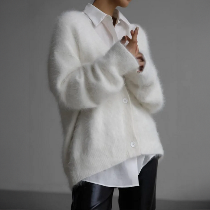 Damen-Strickjacke – flauschig – mit Knöpfen – Strickjacke – Oversize-Strickjacke