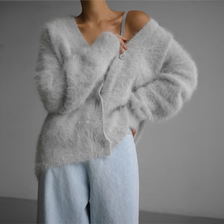 Damen-Strickjacke – flauschig – mit Knöpfen – Strickjacke – Oversize-Strickjacke