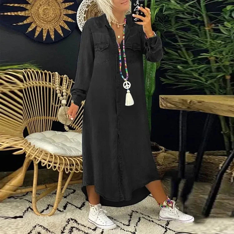 Denim-Kleid - Langärmeliges, locker sitzendes, knöpfbares Maxi-Shirt-Kleid