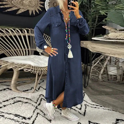 Denim-Kleid - Langärmeliges, locker sitzendes, knöpfbares Maxi-Shirt-Kleid