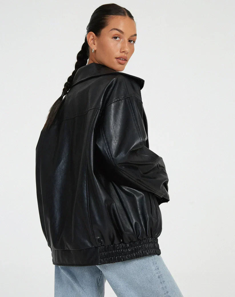 Aria - übergroß Leder Jacke mit Reißverschluss für a coolen und trendigen Blick