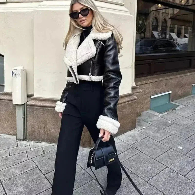 Fell-Lederjacke – Kurz – Kunstleder – Winter-Lederjacke – Damenjacken