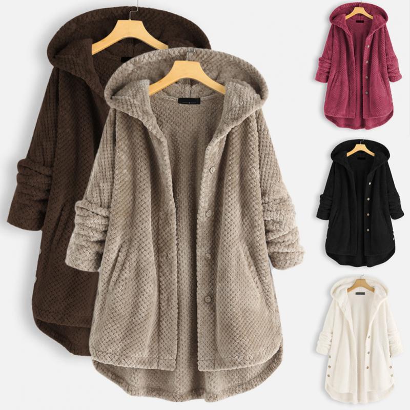 Fleece-Jacke – mittellange Winterjacke mit Kapuze und lockerer Passform für Damen