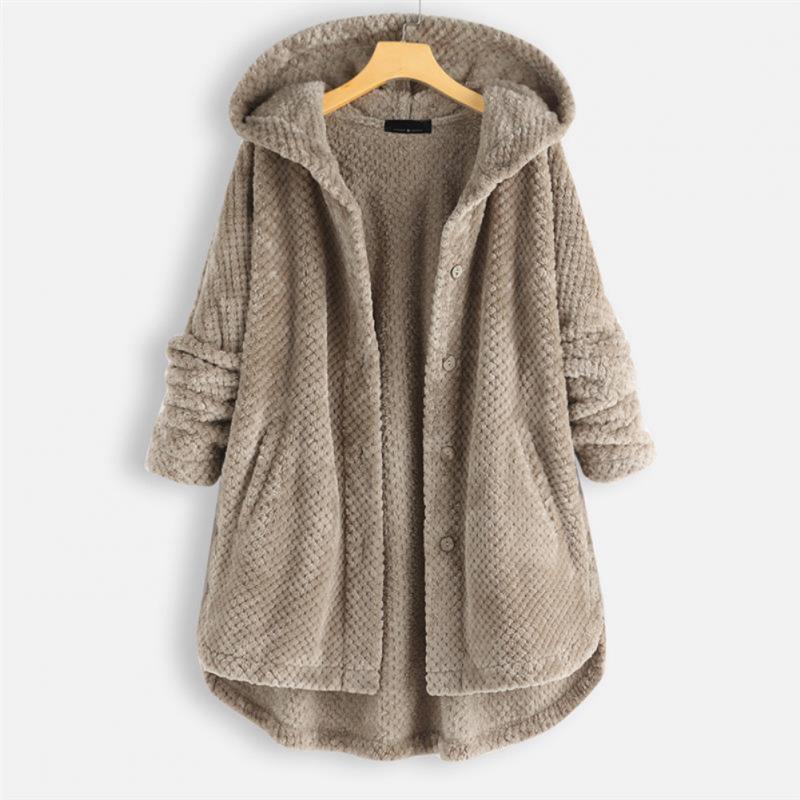 Fleece-Jacke – mittellange Winterjacke mit Kapuze und lockerer Passform für Damen