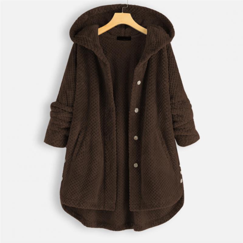 Fleece-Jacke – mittellange Winterjacke mit Kapuze und lockerer Passform für Damen