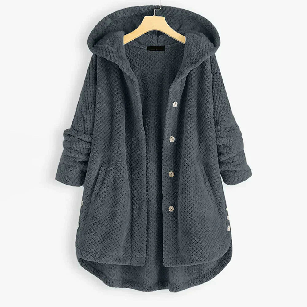 Fleece-Jacke – mittellange Winterjacke mit Kapuze und lockerer Passform für Damen