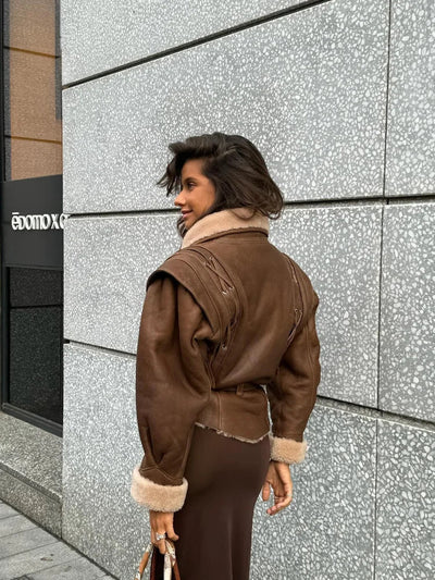 Fleece-gefütterte Lederjacke | Braun | Gürtel | Kunstpelz-Lederjacke | Damen-Lederjacke